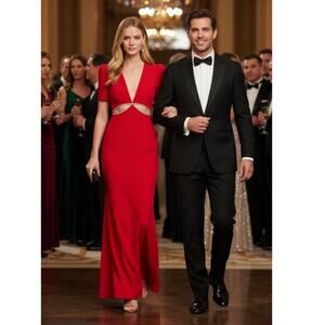 Mac Duggal V Neck Embellished Cut Out Gown Maxi Dress 2 Red NWT